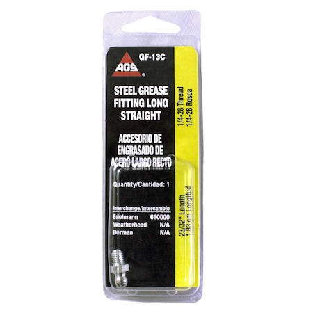 Ags Steel Long Grease Fitting, 23/32 Length, Male (1/4-28), 1/card GF-13C
